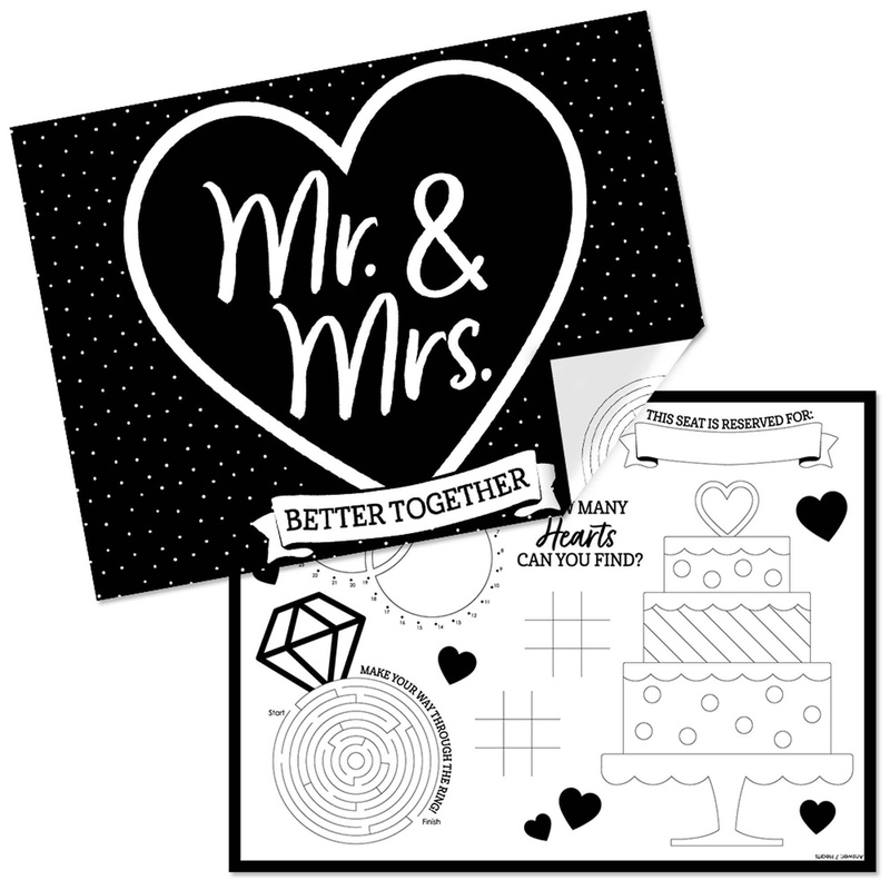 Mr. and Mrs. - Paper Black and White Wedding or Bridal Shower Coloring Sheets - Activity Placemats - Set of 16