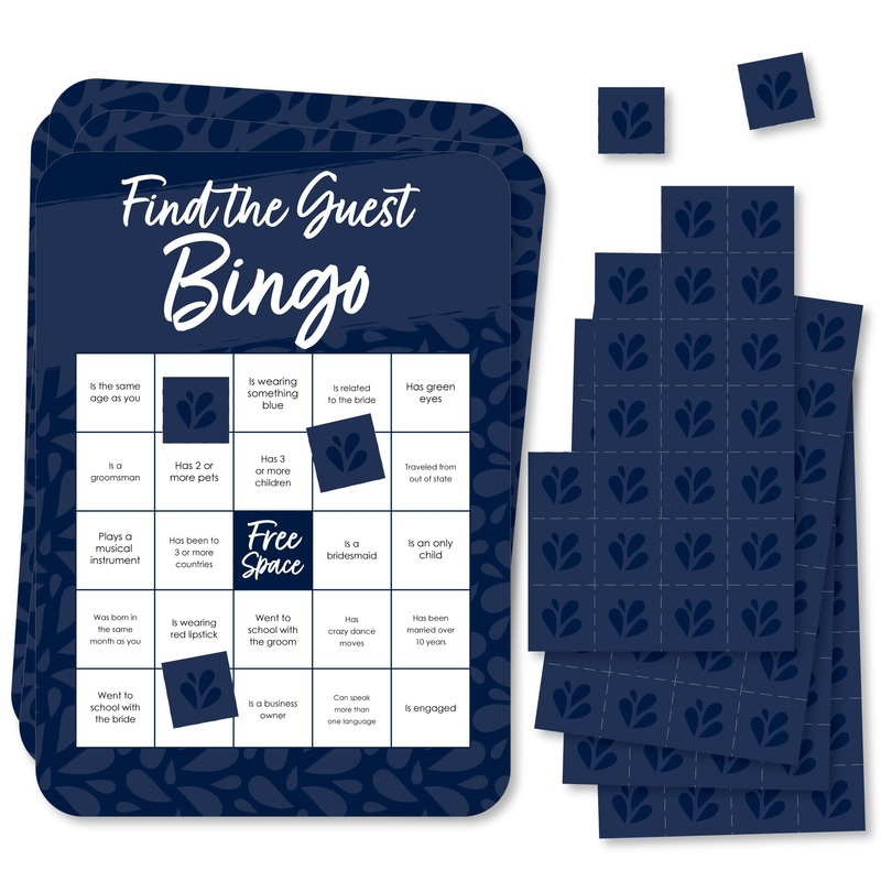 Navy Blue Elegantly Simple - Find the Guest Bingo Cards and Markers - Wedding and Bridal Shower Bingo Game - Set of 18
