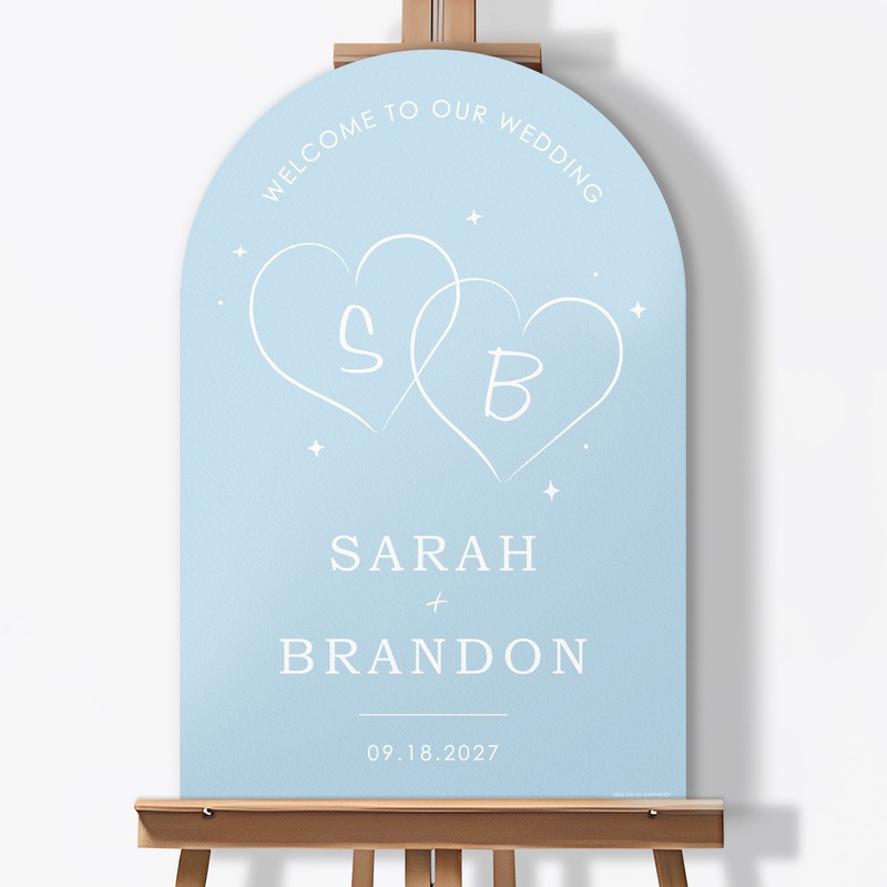 Personalized Text Dusty Blue Wedding Hearts Welcome Sign (Select Your Size)