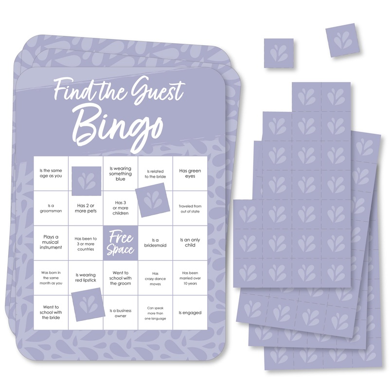 Purple Elegantly Simple - Find the Guest Bingo Cards and Markers - Wedding and Bridal Shower Bingo Game - Set of 18