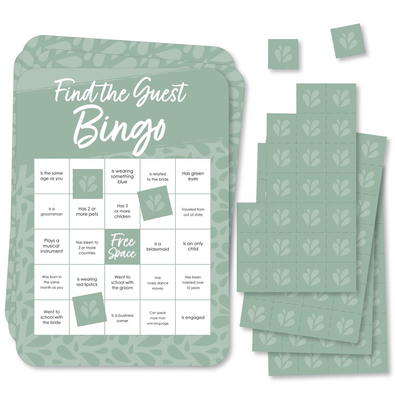 Sage Green Elegantly Simple - Find the Guest Bingo Cards and Markers - Wedding and Bridal Shower Bingo Game - Set of 18