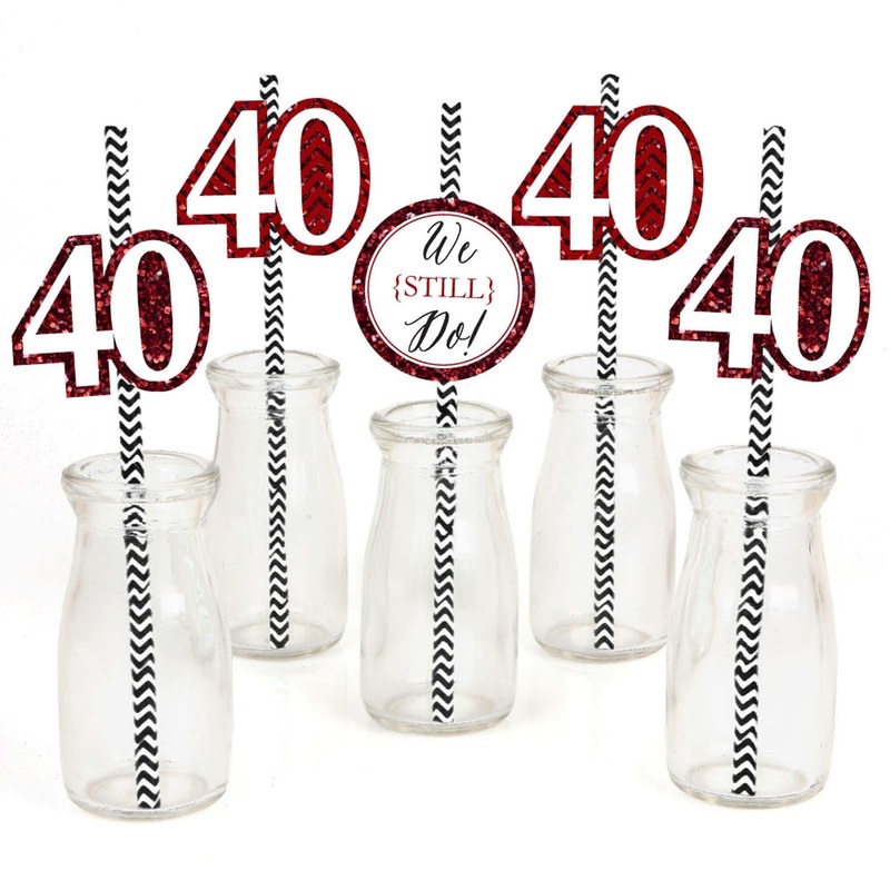 We Still Do - 40th Wedding Anniversary Paper Straw Decor - Anniversary Party Striped Decorative Straws - Set of 24