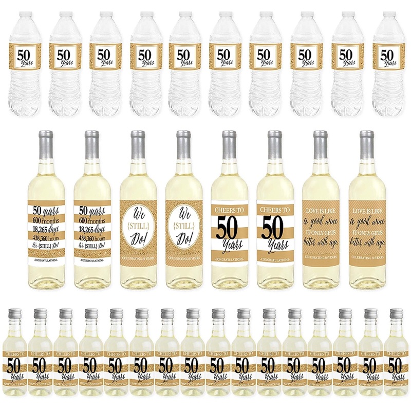 We Still Do - 50th Wedding Anniversary - Mini Wine Bottle Labels, Wine Bottle Labels and Water Bottle Labels - Anniversary Party Decorations - Beverage Bar Kit - 34 Pieces
