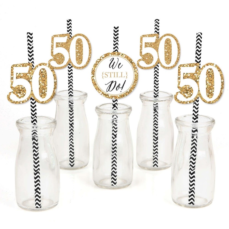 We Still Do - 50th Wedding Anniversary Paper Straw Decor - Anniversary Party Striped Decorative Straws - Set of 24