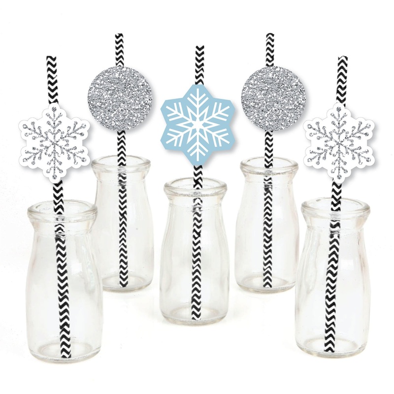 Winter Wonderland - Paper Straw Decor - Snowflake Holiday Party & Winter Wedding Party Striped Decorative Straws - Set of 24