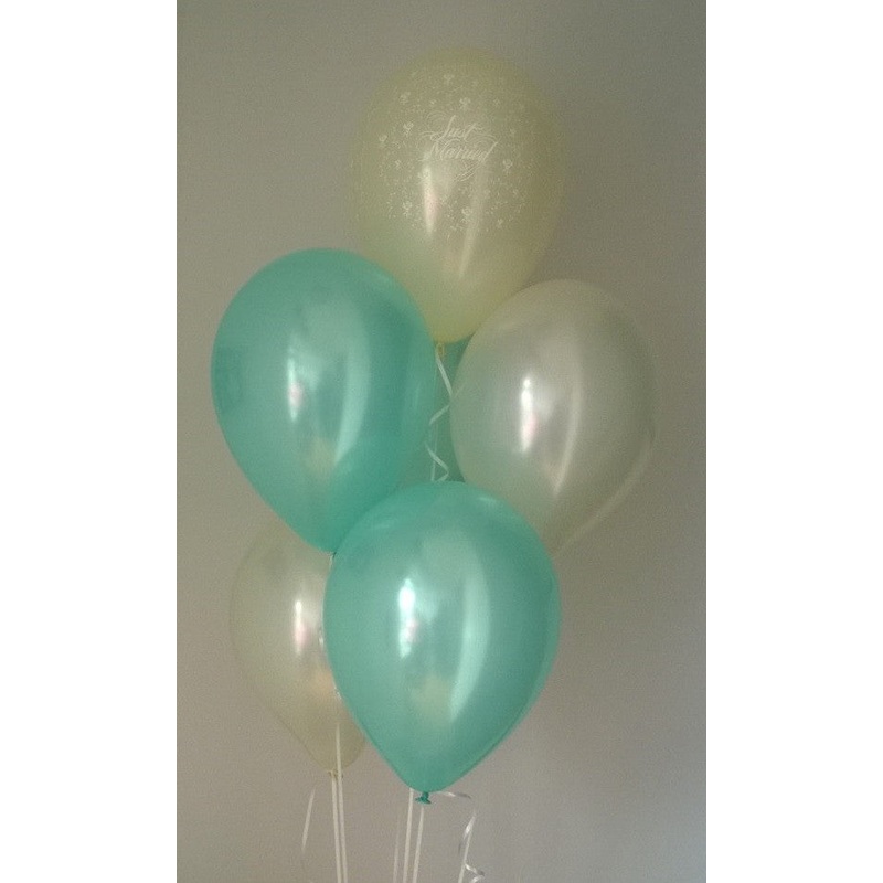 Aqua and Ivory Pearlised Just Married Wedding Range Latex Balloons with Curling Ribbon