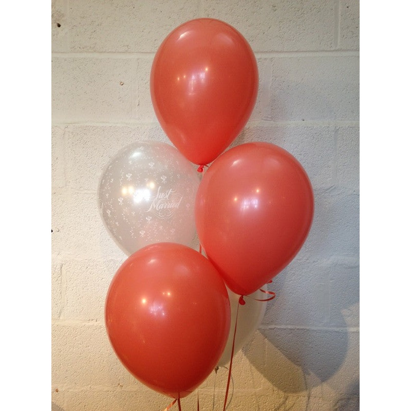 Coral & White Pearlised Just Married Wedding Range Latex Balloons (Helium Quality)
