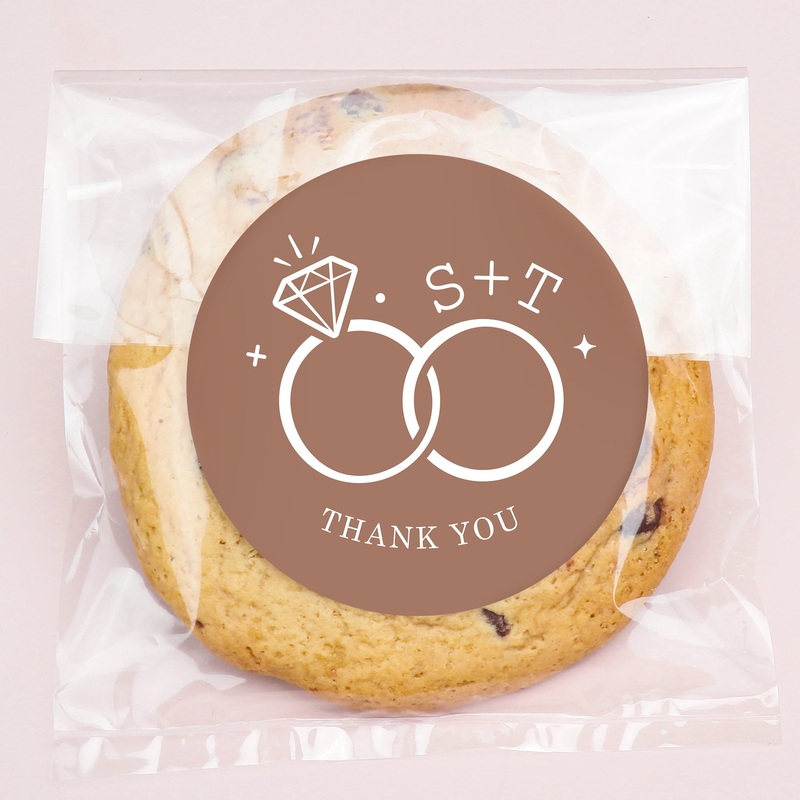 Custom Text Stickers & Clear Cookie Bags -  Mocha Brown Wedding Rings