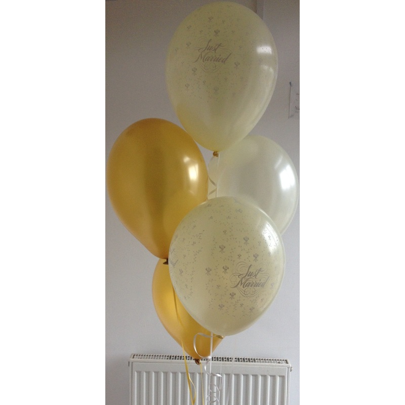 Ivory and Gold Pearlised Just Married Wedding Range Latex Balloons with Curling Ribbon