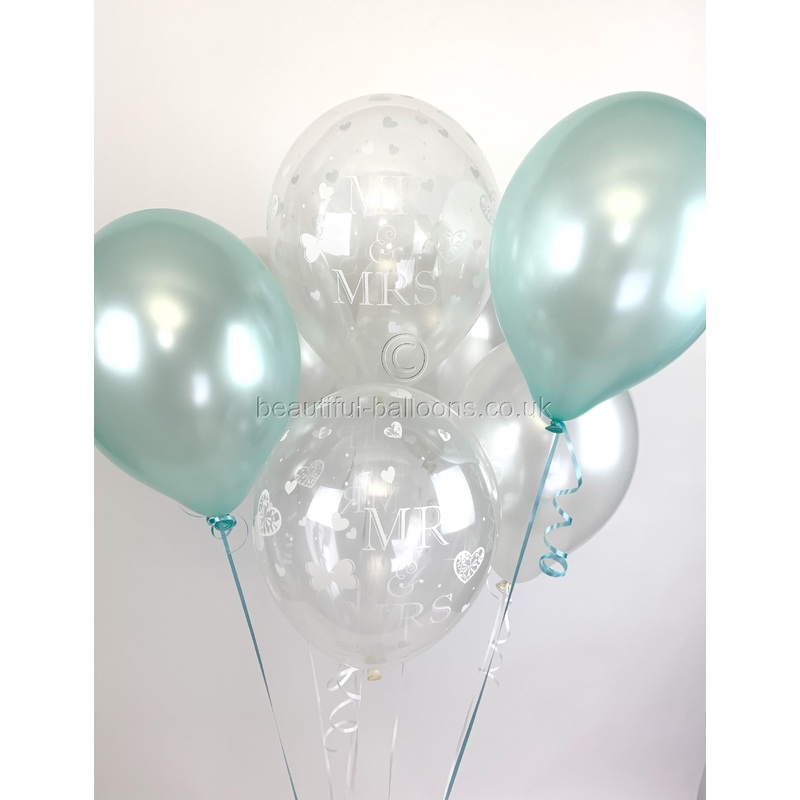 Mr & Mrs Pearlised Balloons, Aqua & White Wedding (Helium Quality)