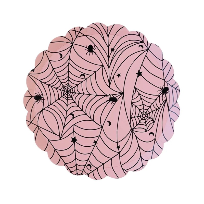 Pink Lacy Spider Web Paper Party Plates | Halloween | Set 8
