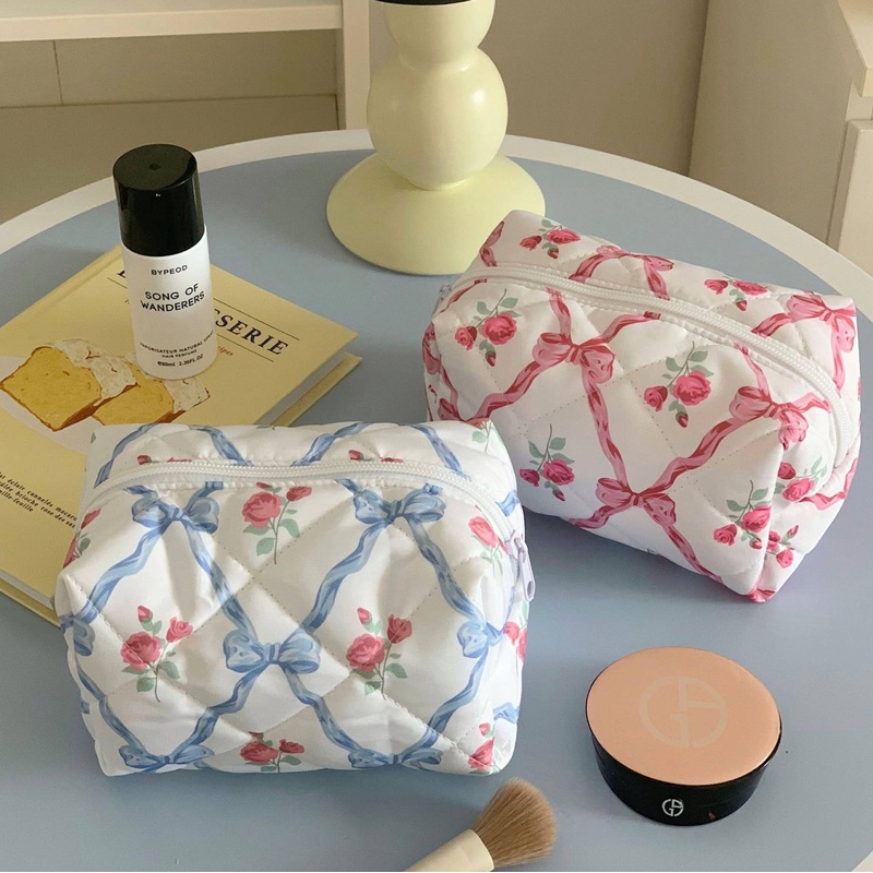 Quilted Cosmetic Floral Ribbon Makeup Bags