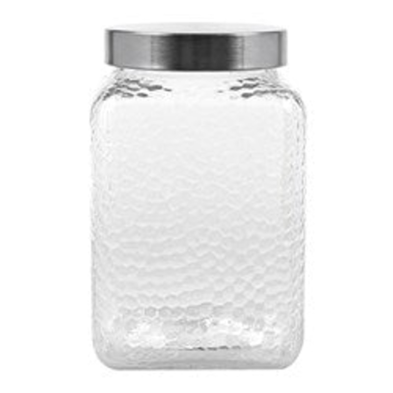 Glass Jar Square Honeycomb Embossed w S/Steel Lid 2300ml