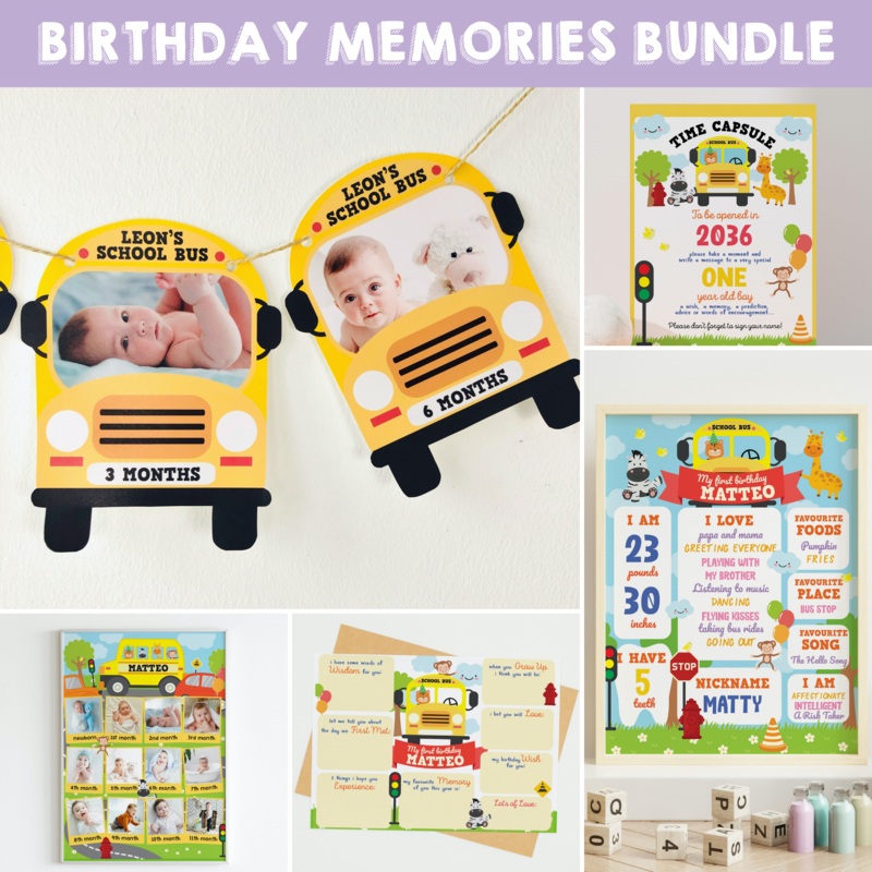 Wheels on the Bus Birthday Milestones Bundle