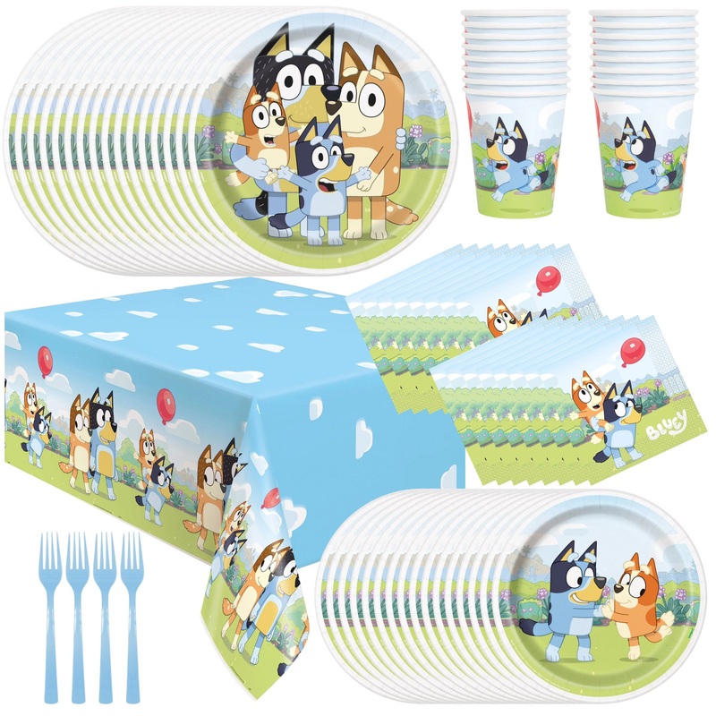 Bluey Birthday Party Supplies Bundle with Bluey Dinner Plates & Cake Plates, Bluey Napkins, Bluey Table Cover, Bluey Cups, and Forks - Serves 16