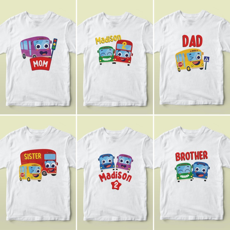 Wheels on the Bus Go Round Birthday Shirt Designs Family Bundle