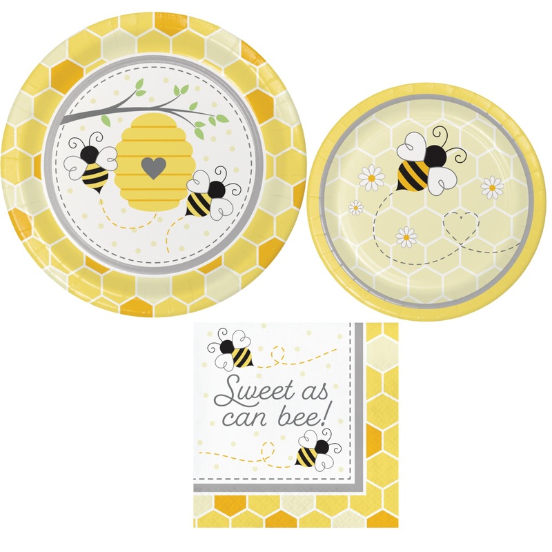 Cute Bumblebee Party Supplies Bunde w/ Bumblebee Luncheon Plates, Bumblebee Dessert Plates, and Bumblebee Napkins - Serves 8