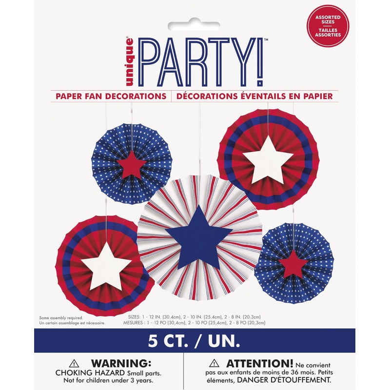 Peppy Patriotic Assorted Paper Fan Decorations with Cutout Stars - 5ct