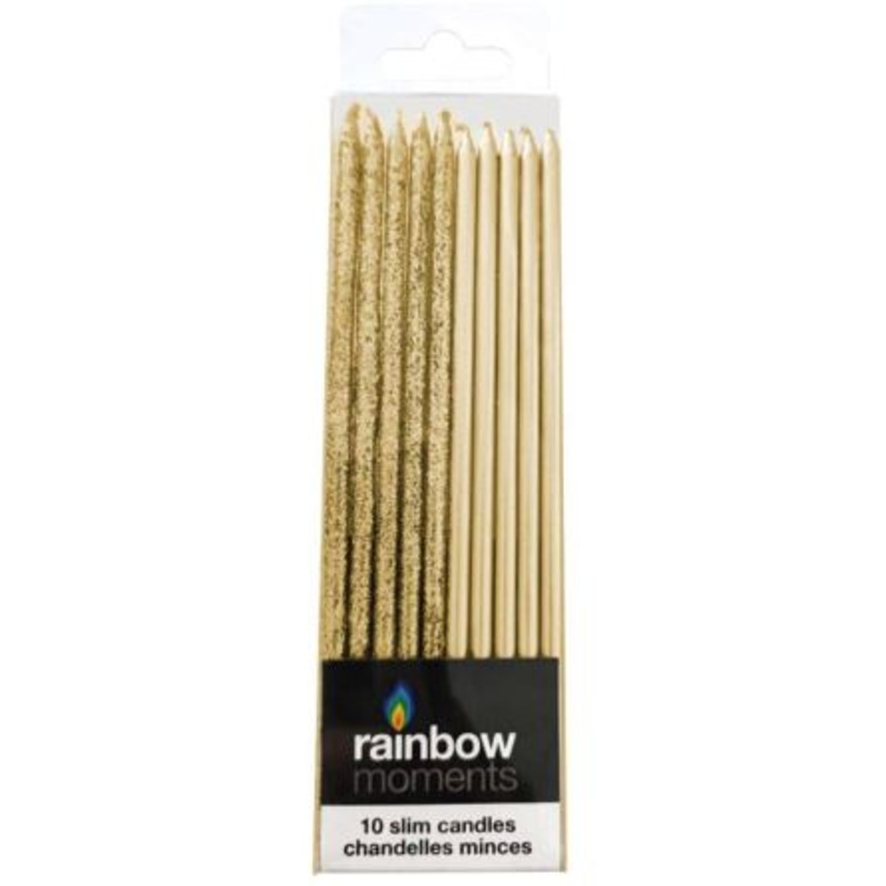 Gold Metallic & Glitter Long Slim Candles Assorted Pack of 10