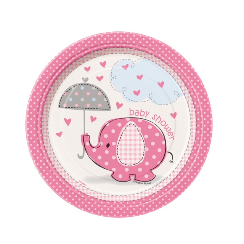 8 Umbrellaphants Pink Baby Shower Paper Dessert Plates 17.1 cm