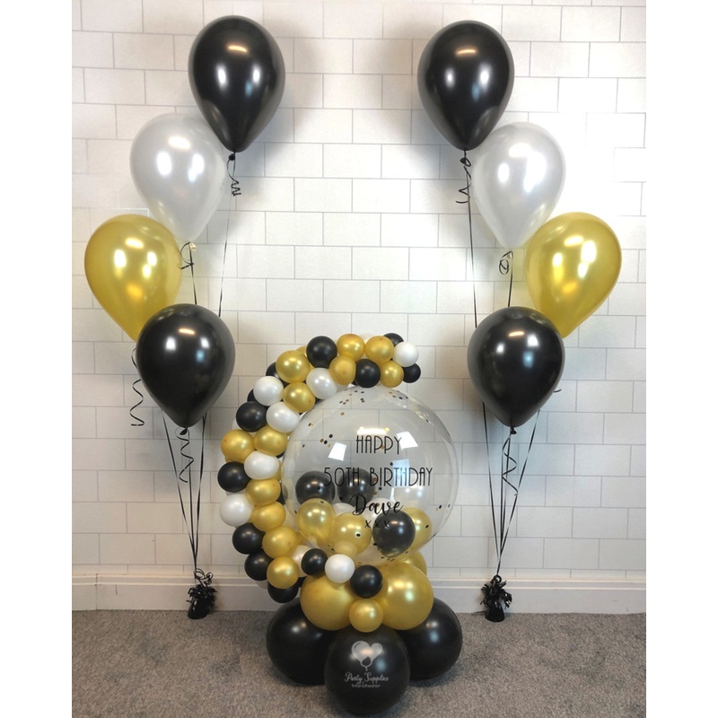 COLLECTION ONLY - Black, Gold & White Bubble Garland - Black Message - Black & Gold Confetti + 2 Sets of 4 Clusters