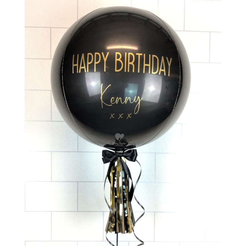 COLLECTION ONLY - Black Orbz Balloon, Personalised with a Gold Message Dressed with Tassel, Bow & Weight