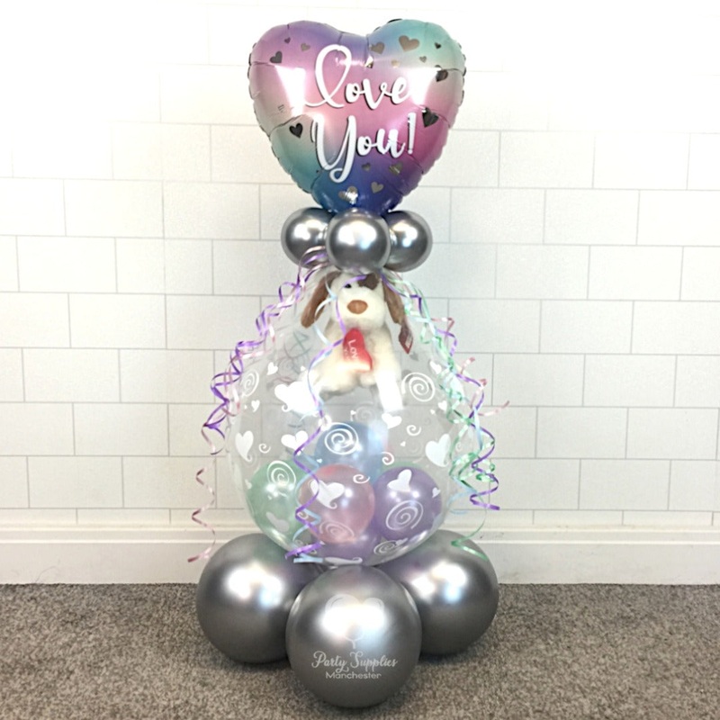 COLLECTION ONLY - (GIFT NOT INCLUDED) Heart Print Gift Balloon Topped with Pastel Love You Standard Foil