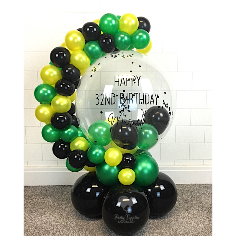 COLLECTION ONLY - Green, Yellow & Black Bubble Garland - Black Message - Black Confetti