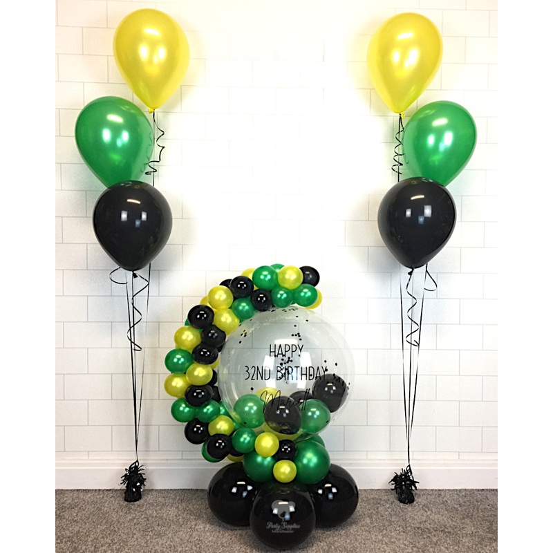 COLLECTION ONLY - Green, Yellow & Black Bubble Garland - Black Message - Black Confetti + 2 Sets of 3 Clusters