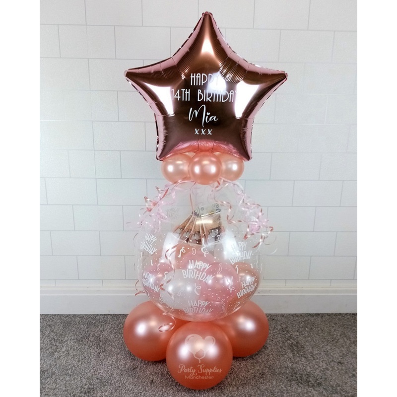 COLLECTION ONLY -  Happy Birthday Print Gift Balloon Topped with Rose Gold Personalised Star