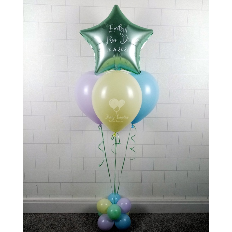 COLLECTION ONLY -  Lilac, Yellow & Blue Pyramid Balloon Cluster & 1 Personalised Star & Balloon Base