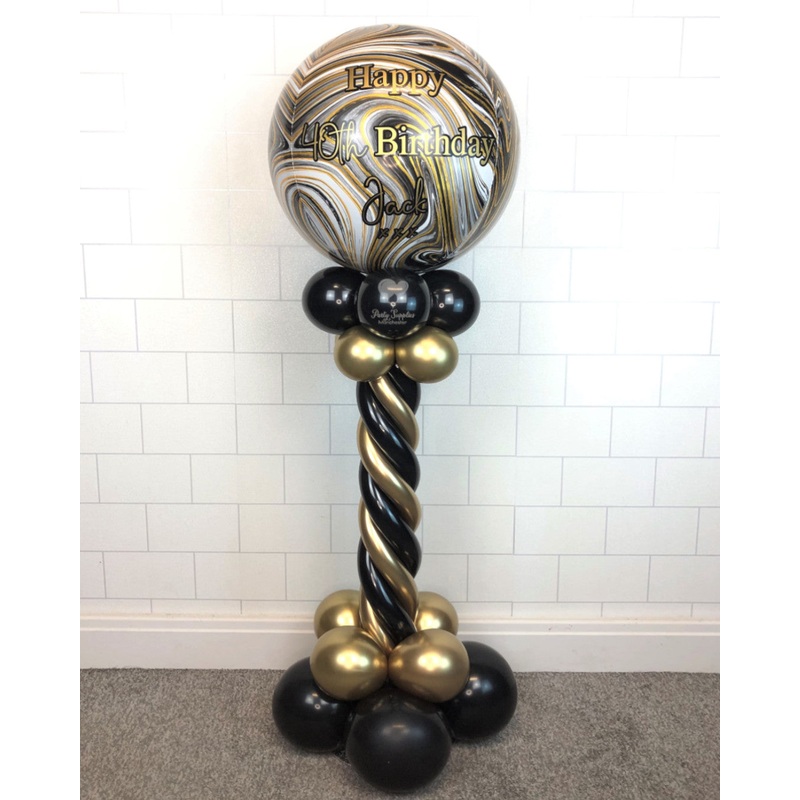 COLLECTION ONLY - Twisted Black & Gold Tower Topped with a Marble Orbz Balloon - Black & Gold Message