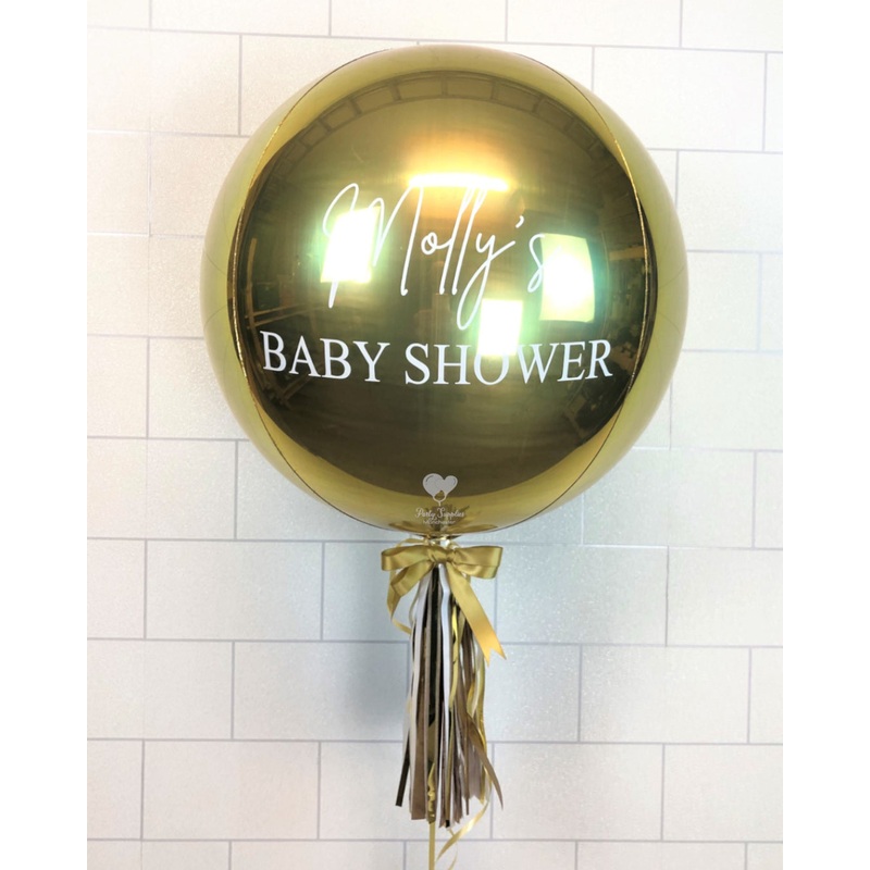 COLLECTION ONLY - White Gold Orbz Balloon, Personalised with a White Message Dressed with Tassel, Bow & Weight
