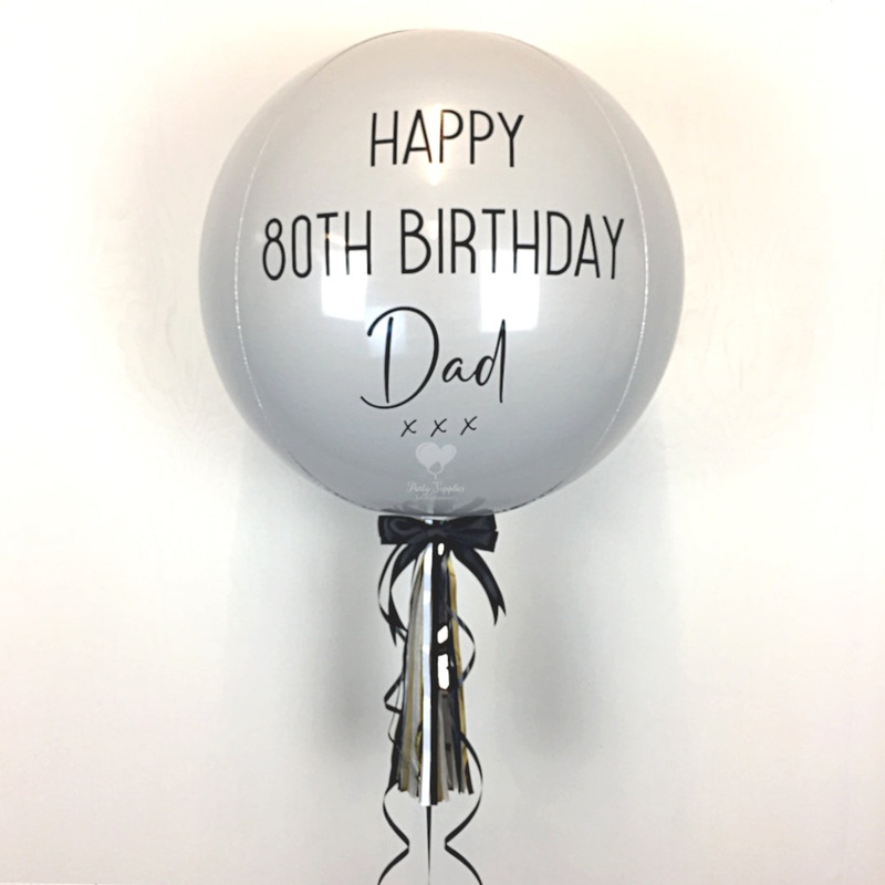 COLLECTION ONLY - White Orbz Balloon, Personalised with a Black Message Dressed with Tassel, Bow & Weight