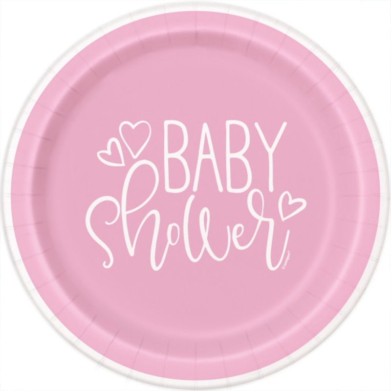 8 Pink Hearts Baby Shower Paper Dinner Plates Large 21.9 cm