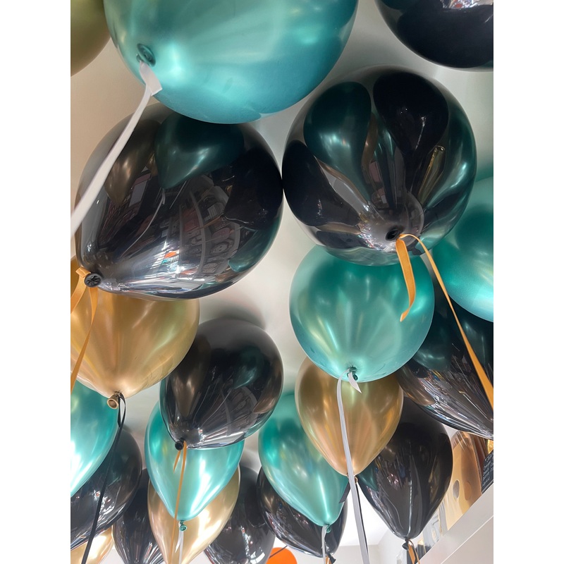 20 Black, Chrome Gold & Green  Ceiling Balloons