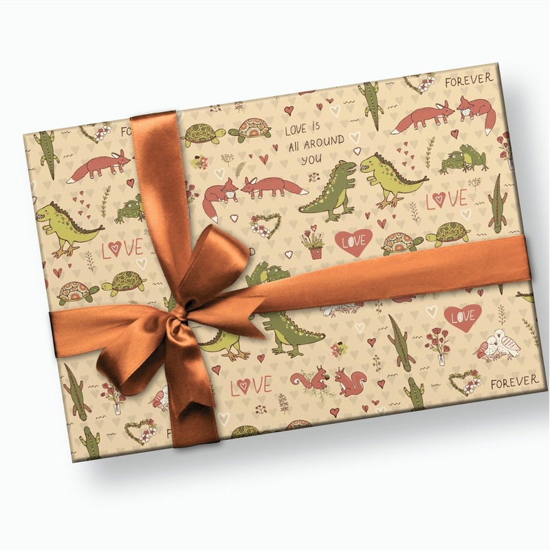Dinosaur, Alligator, Fox, Animals in Love Gift Wrap