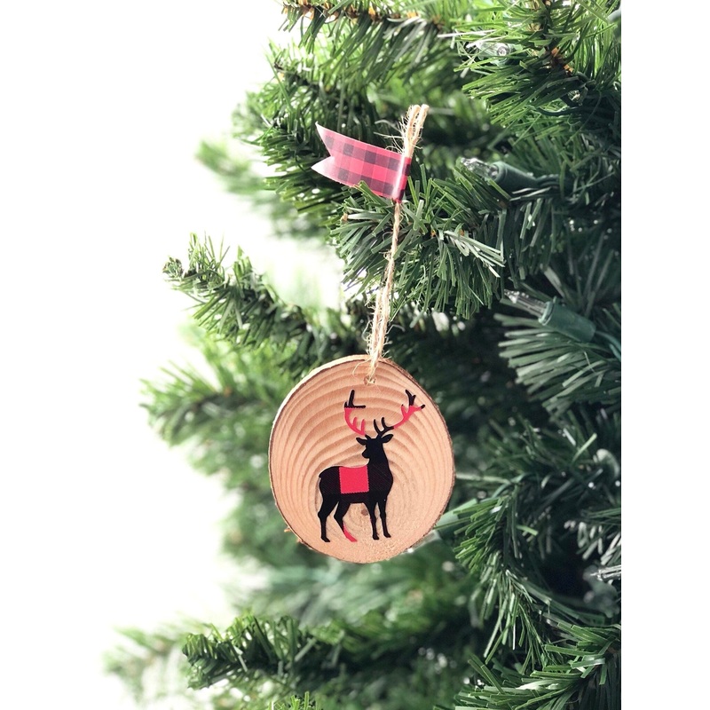 Wood Slice Buffalo Plaid Deer Ornament