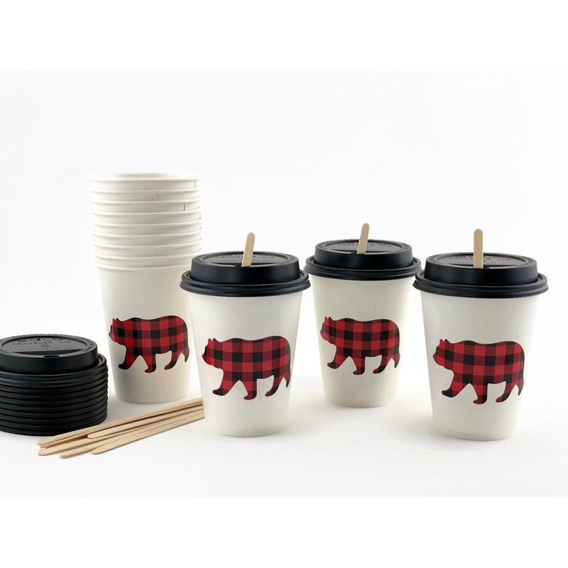 Buffalo Plaid Bear Paper Cups with Lids