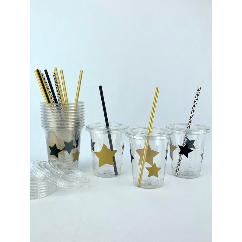 Black & Gold Star Plastic Cups 12ct