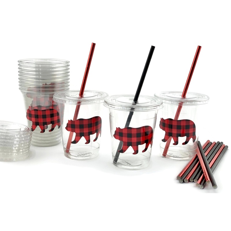 Buffalo Plaid Bear Clear Plastic Cups with Lids & Straws