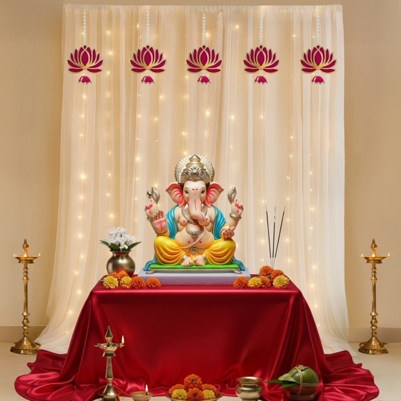 Curtains and Lotus Hanging Decor