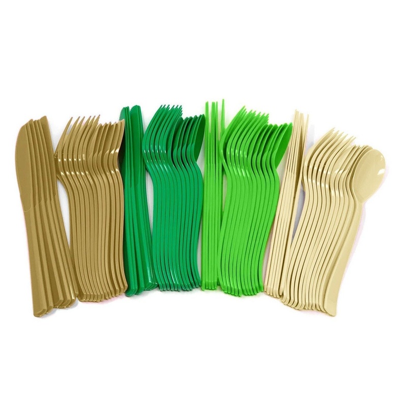Green Gold & Ivory Plastic Cutlery, 24 Guests