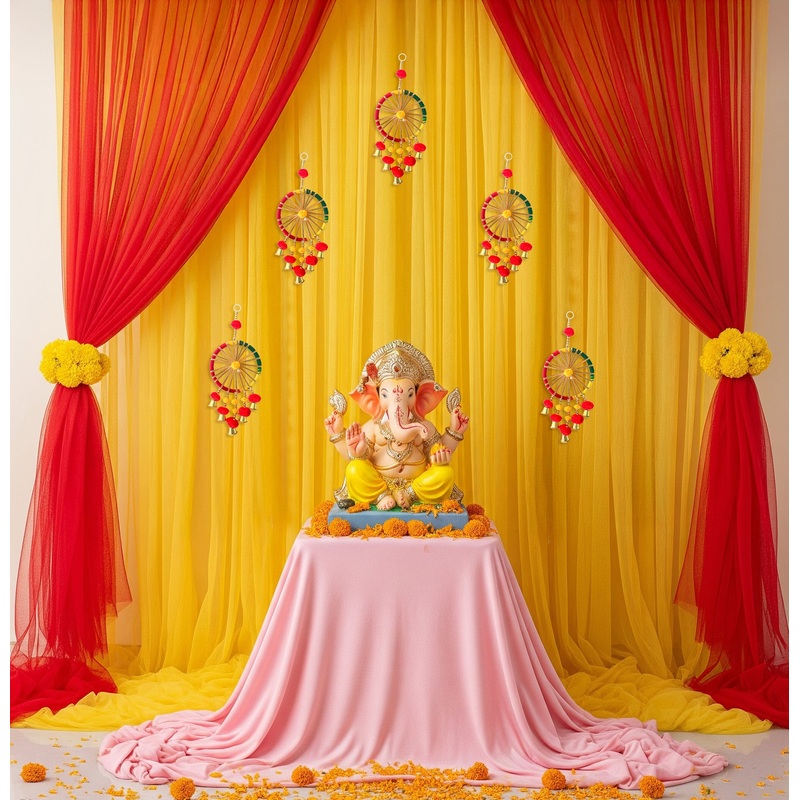 Red & yellow backdrop to adorn your puja space