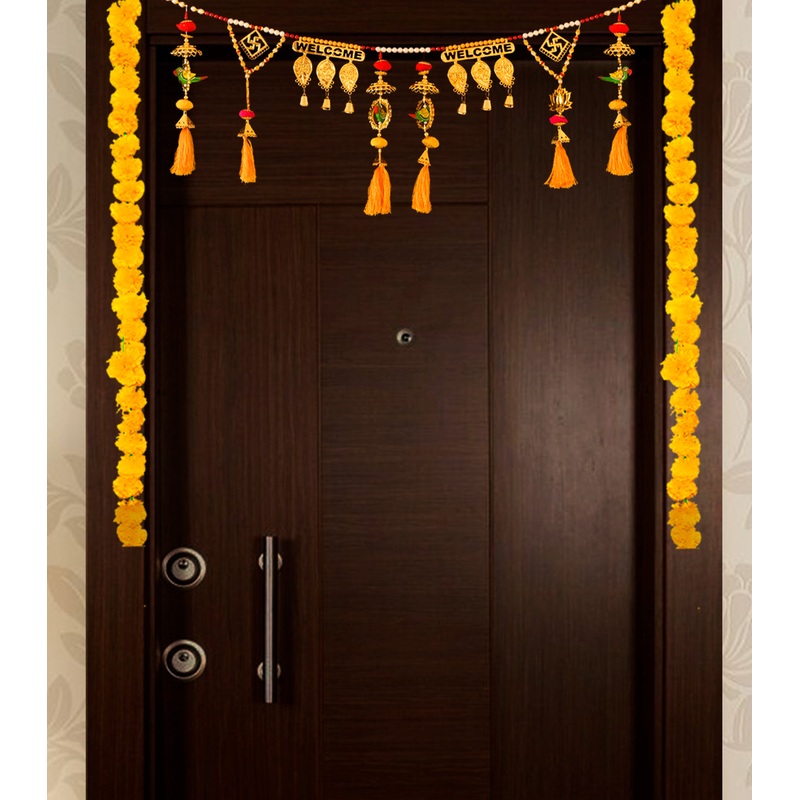 Vibrant yellow Welcome toran and marigold garland