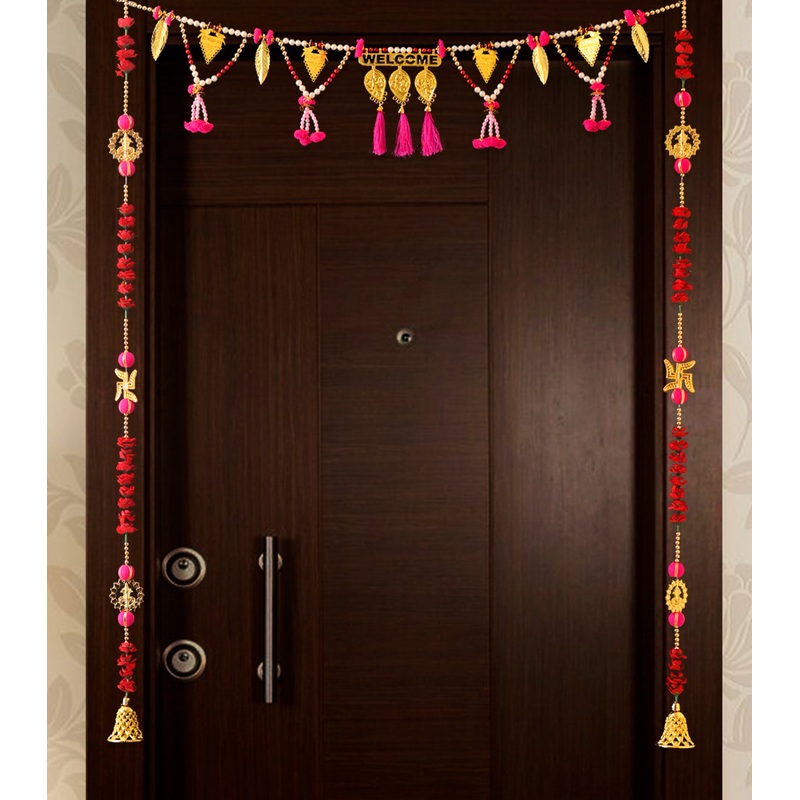 Beautiful pink welcome toran and red roses swastik latkans