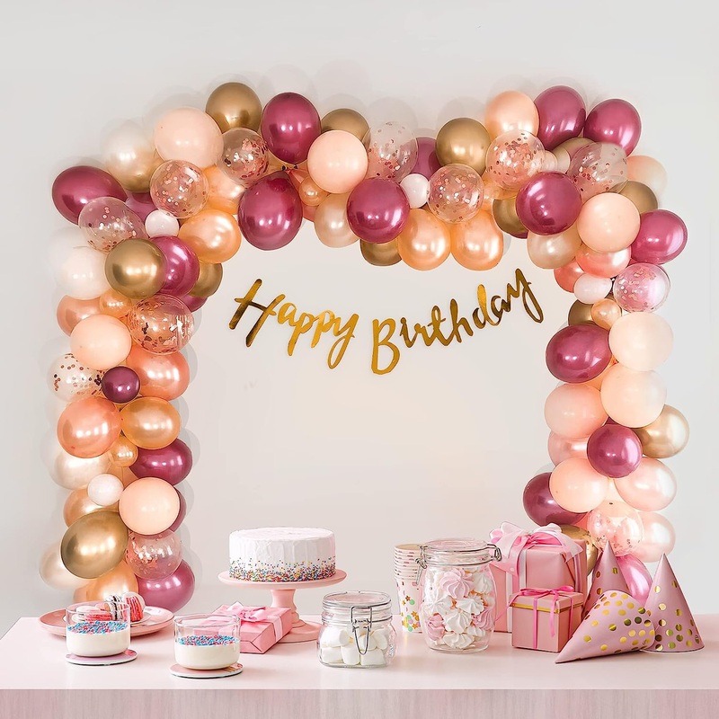 Birthday decoration items with burgundy and peach balloons- 73 Items