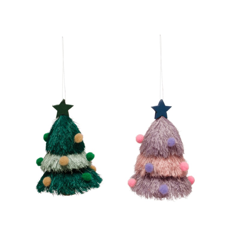 Sisal Christmas Tree Ornament w/ Pom Poms & Star - 2 Color Options