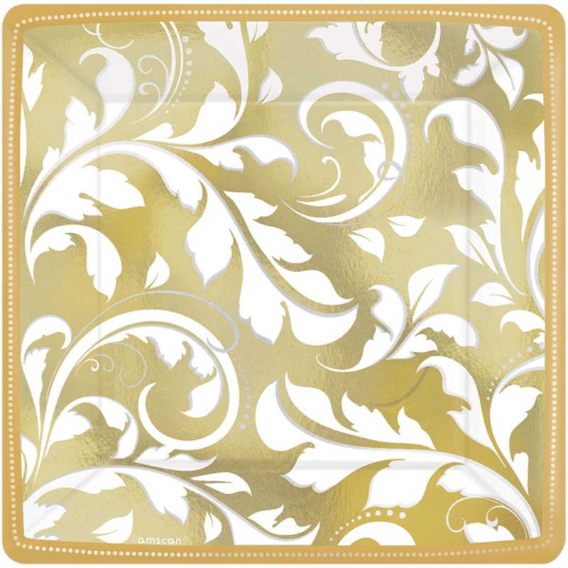 "Gold Elegant Scroll 7" Square Plates - 8/Pk"