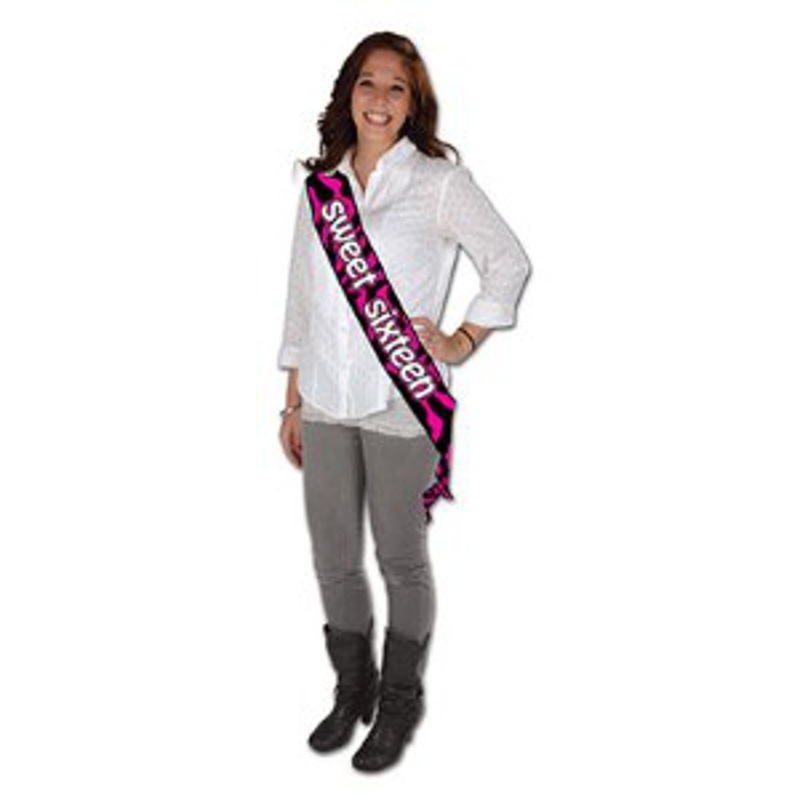 Sweet Sixteen Chic Pink and Black Satin Sash (1/Pk)